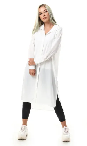 57039 Plain Long Casual Buttoned Shirt - Off White