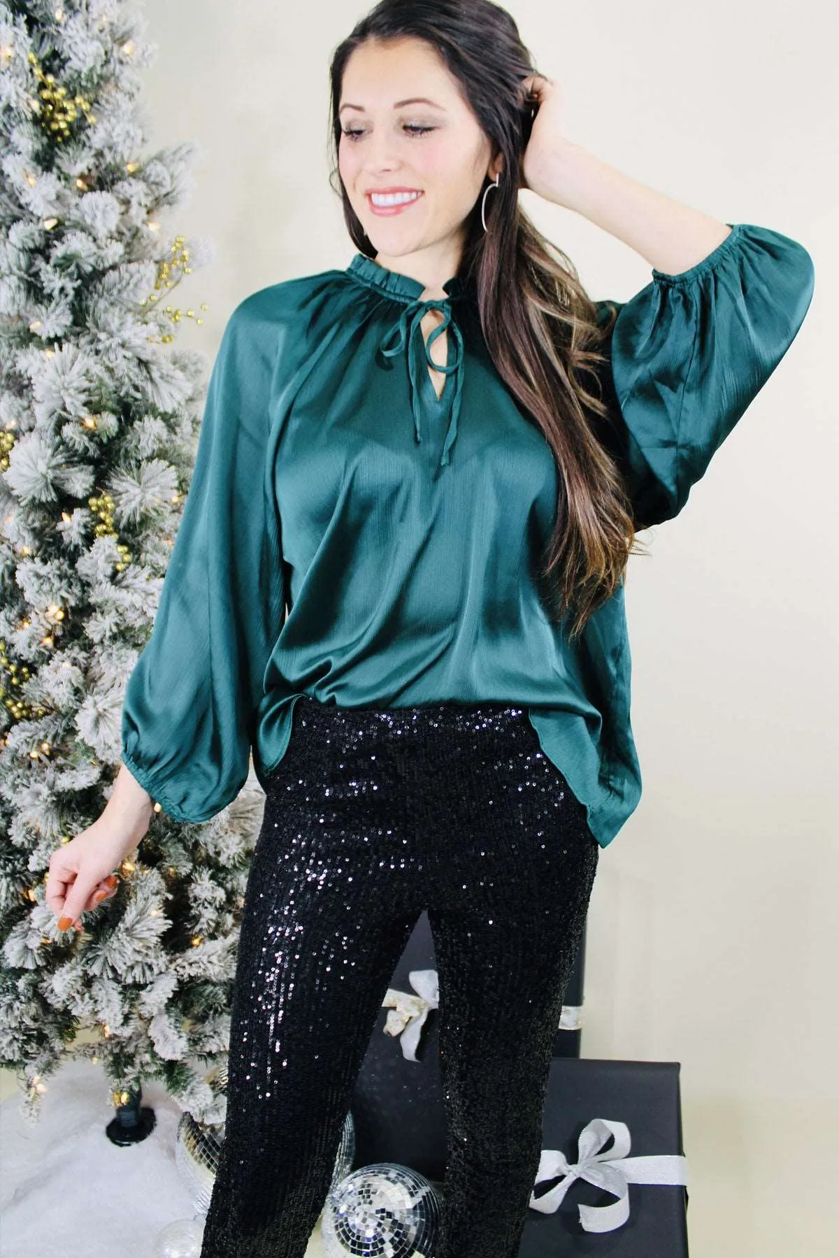 A Holiday Moment Satin Tie Front Blouse | Hunter Green