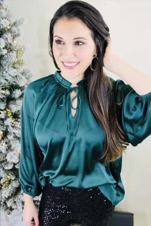 A Holiday Moment Satin Tie Front Blouse | Hunter Green