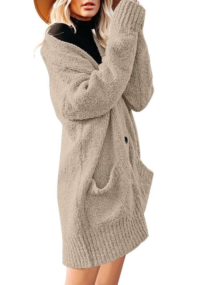 Beige Button Down Drop Shoulders Oversized Knit Cardigan