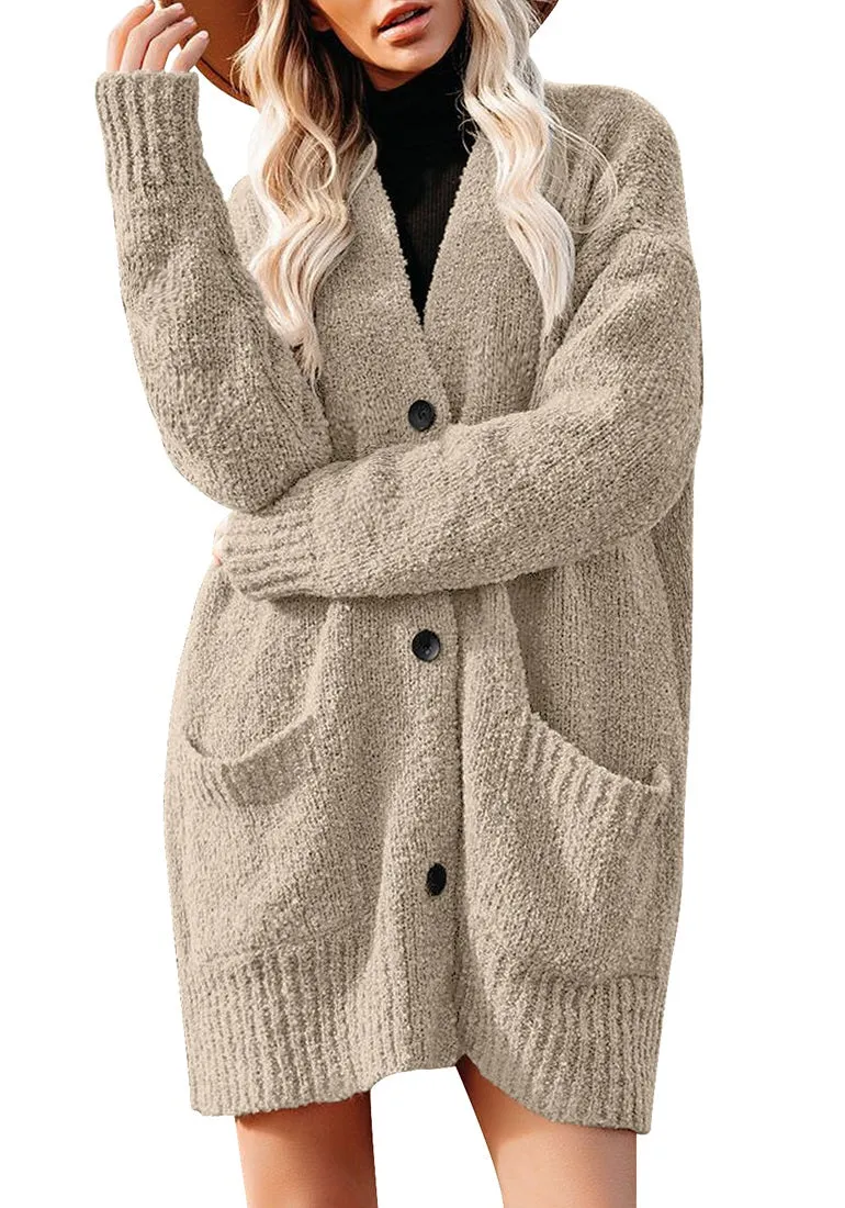 Beige Button Down Drop Shoulders Oversized Knit Cardigan