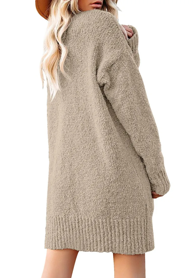 Beige Button Down Drop Shoulders Oversized Knit Cardigan