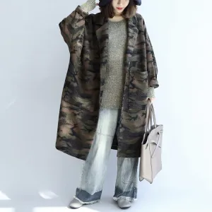 blackish green camouflage casual woolen cardigans oversize pockets long sleeve trench coats