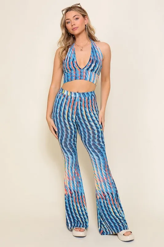 Blue Combo Set-Retro Print Halter Crop Top With Pants