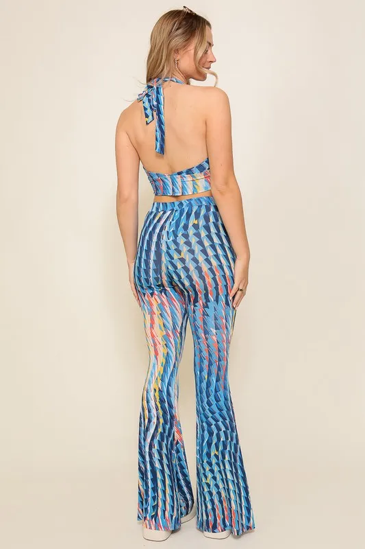 Blue Combo Set-Retro Print Halter Crop Top With Pants