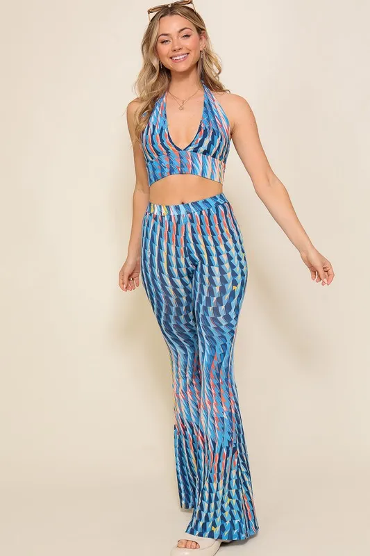 Blue Combo Set-Retro Print Halter Crop Top With Pants