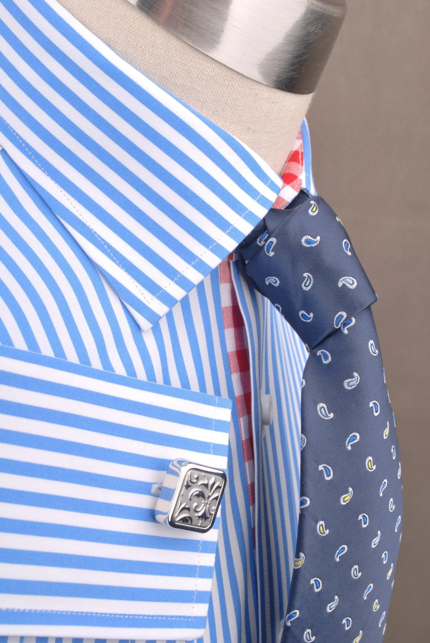 Blue Striped Formal Business Dress Shirt with Red Gingham Checkers Inner-Lining