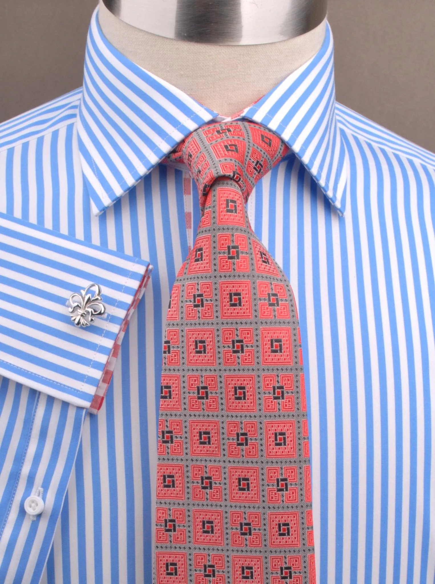 Blue Striped Formal Business Dress Shirt with Red Gingham Checkers Inner-Lining