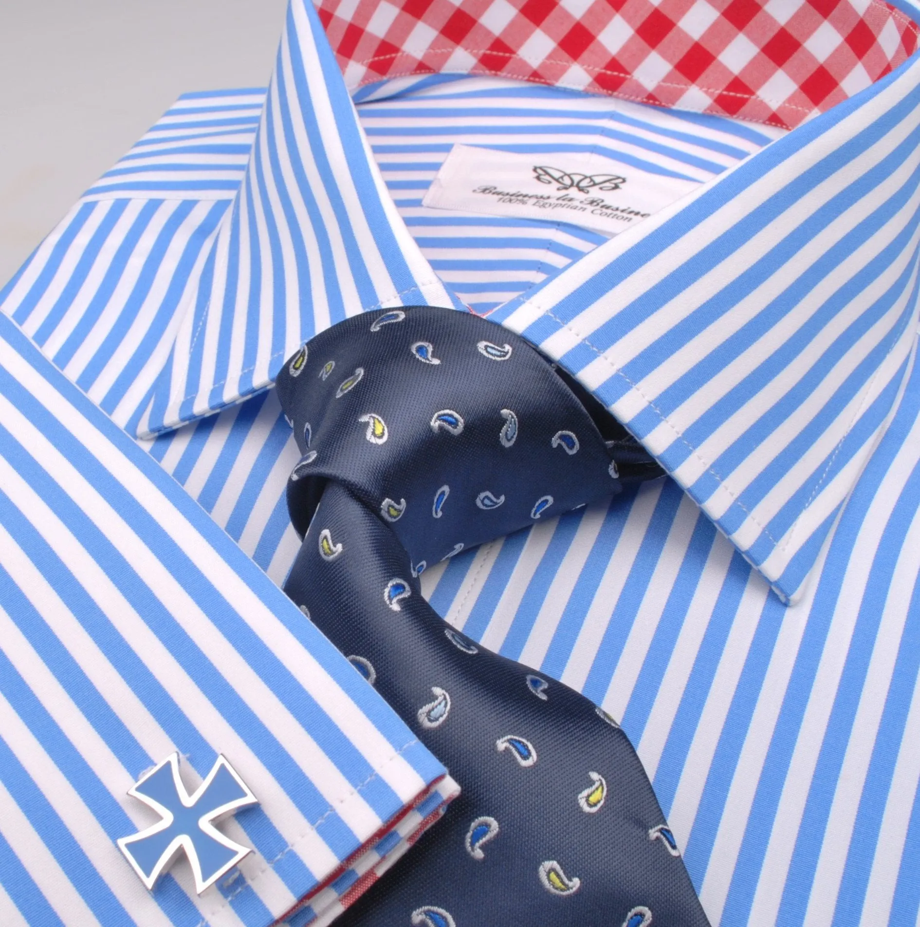 Blue Striped Formal Business Dress Shirt with Red Gingham Checkers Inner-Lining