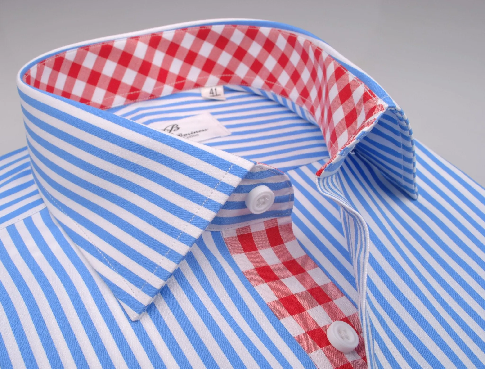 Blue Striped Formal Business Dress Shirt with Red Gingham Checkers Inner-Lining