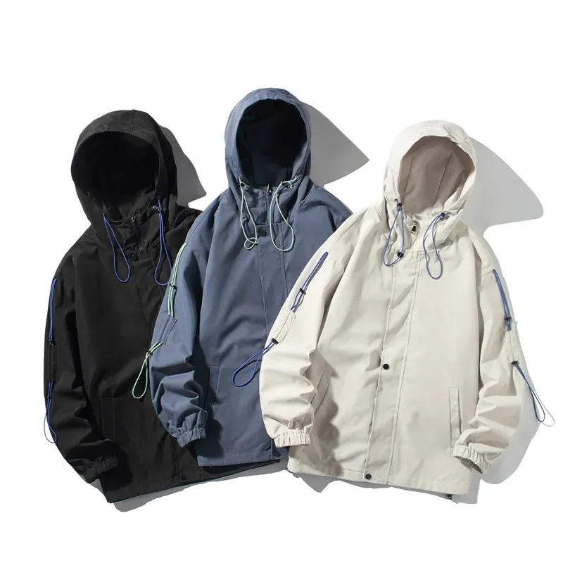 BONSIR  -  Mens Jacket Autumn Trendy Drawstring Patchwork Hooded Jackets Hip Hop Streetwear Couple Casual Coat Sport Windbreaker Men