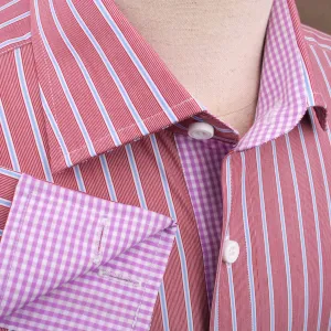 Brown Blue Formal Business Dress Shirt with Pink Gingham Checkers