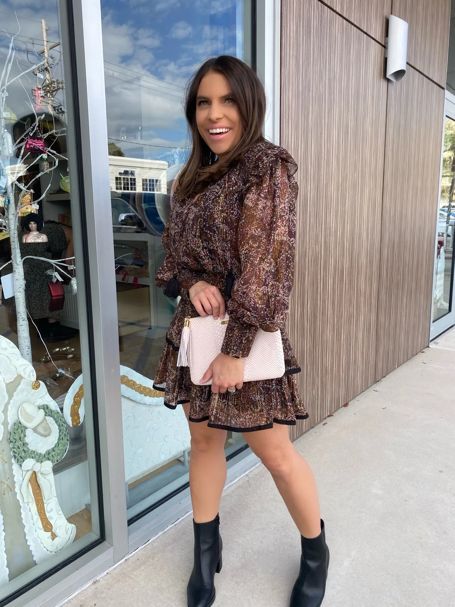 Brown Floral Metallic Mini Skirt