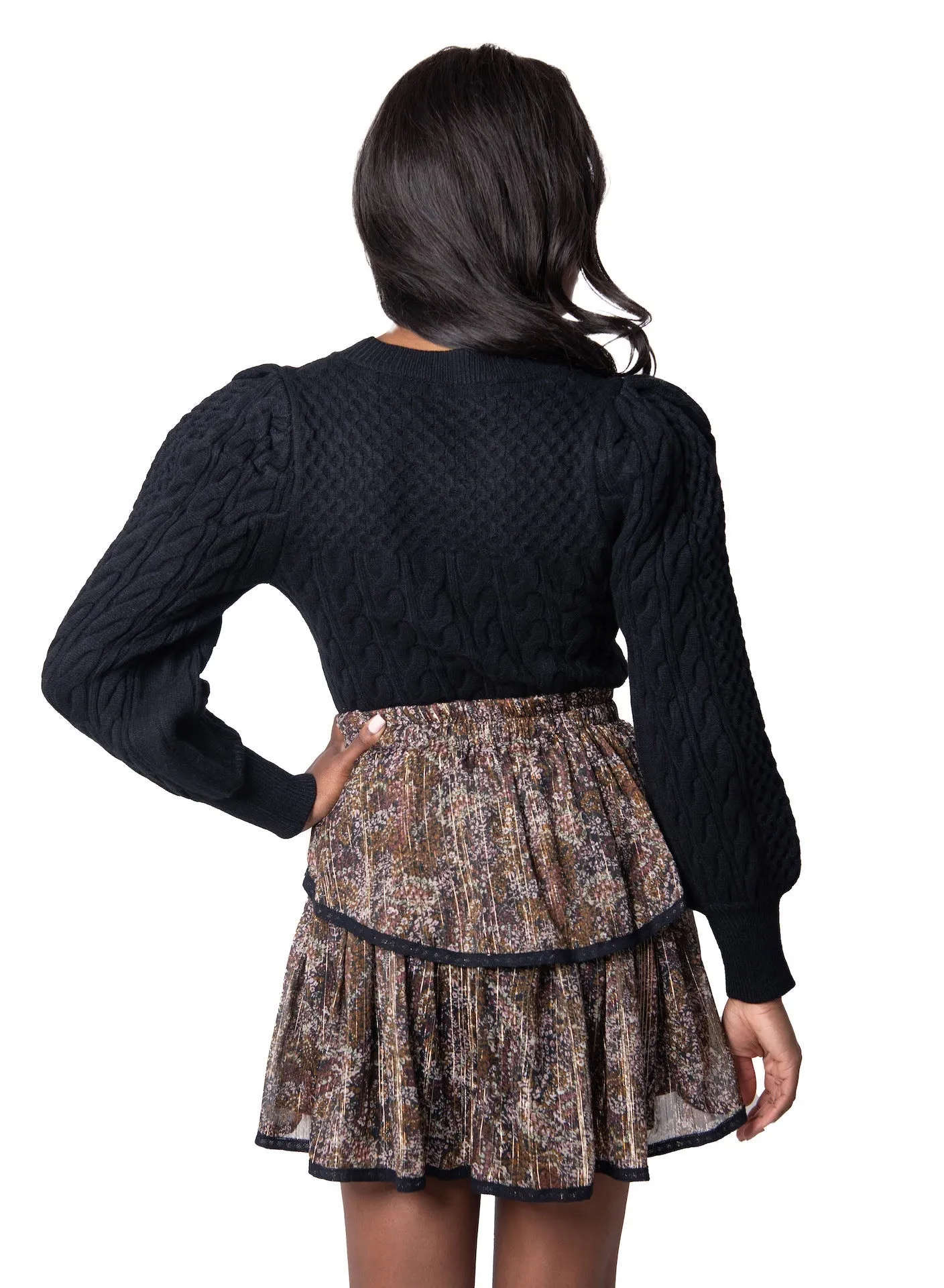 Brown Floral Metallic Mini Skirt