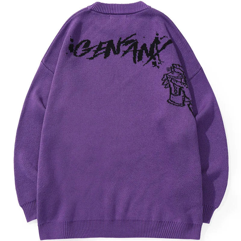 Cartoon Letter Print Pullover Crew Neck Sweater