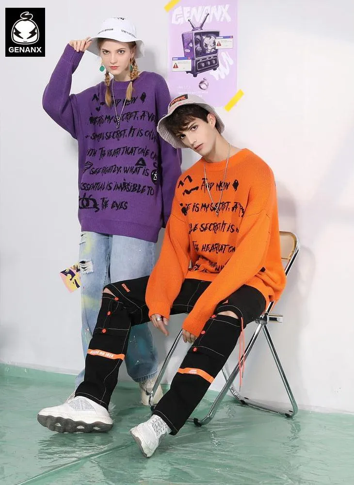 Cartoon Letter Print Pullover Crew Neck Sweater