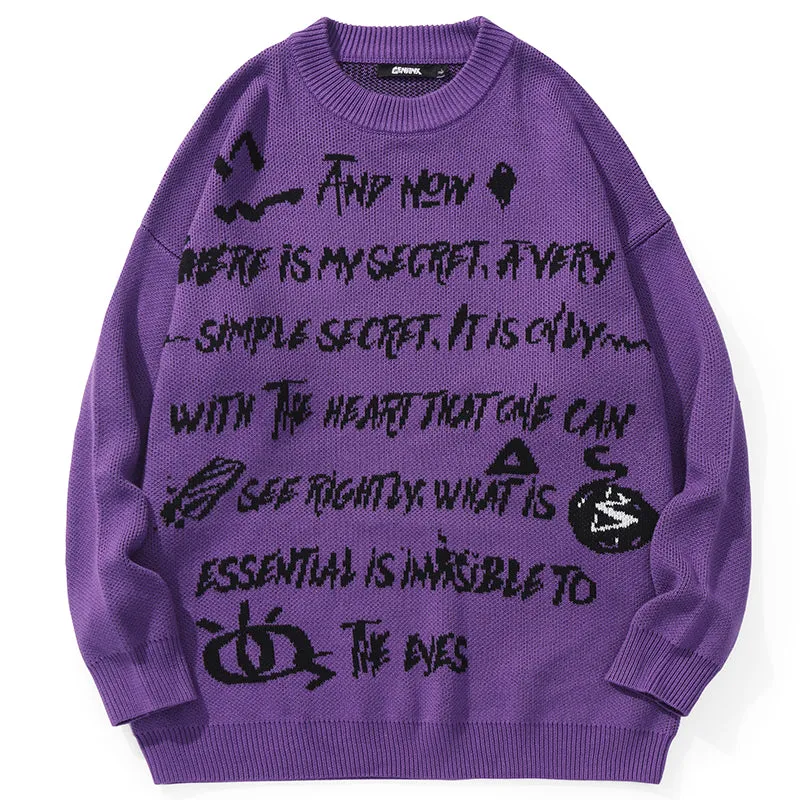 Cartoon Letter Print Pullover Crew Neck Sweater