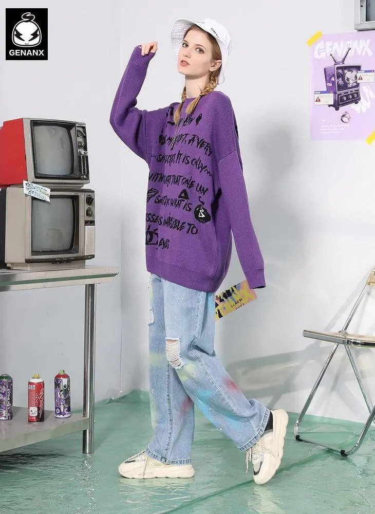 Cartoon Letter Print Pullover Crew Neck Sweater