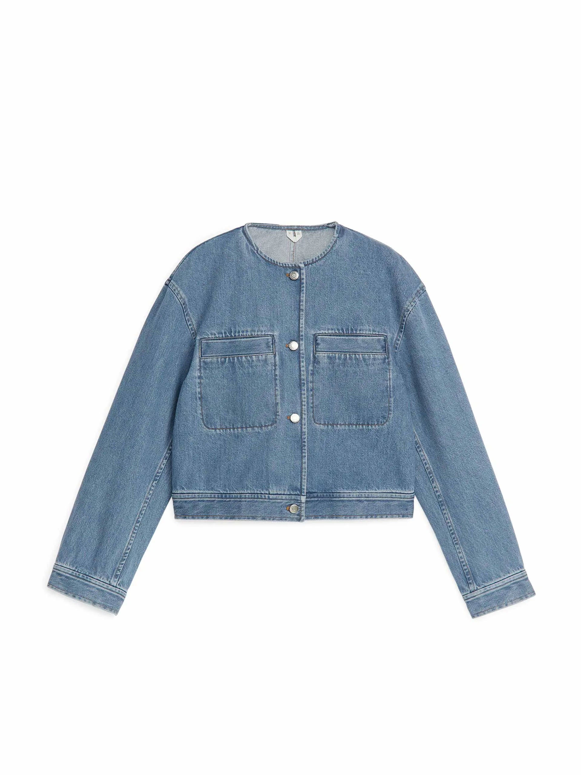 Collarless denim jacket