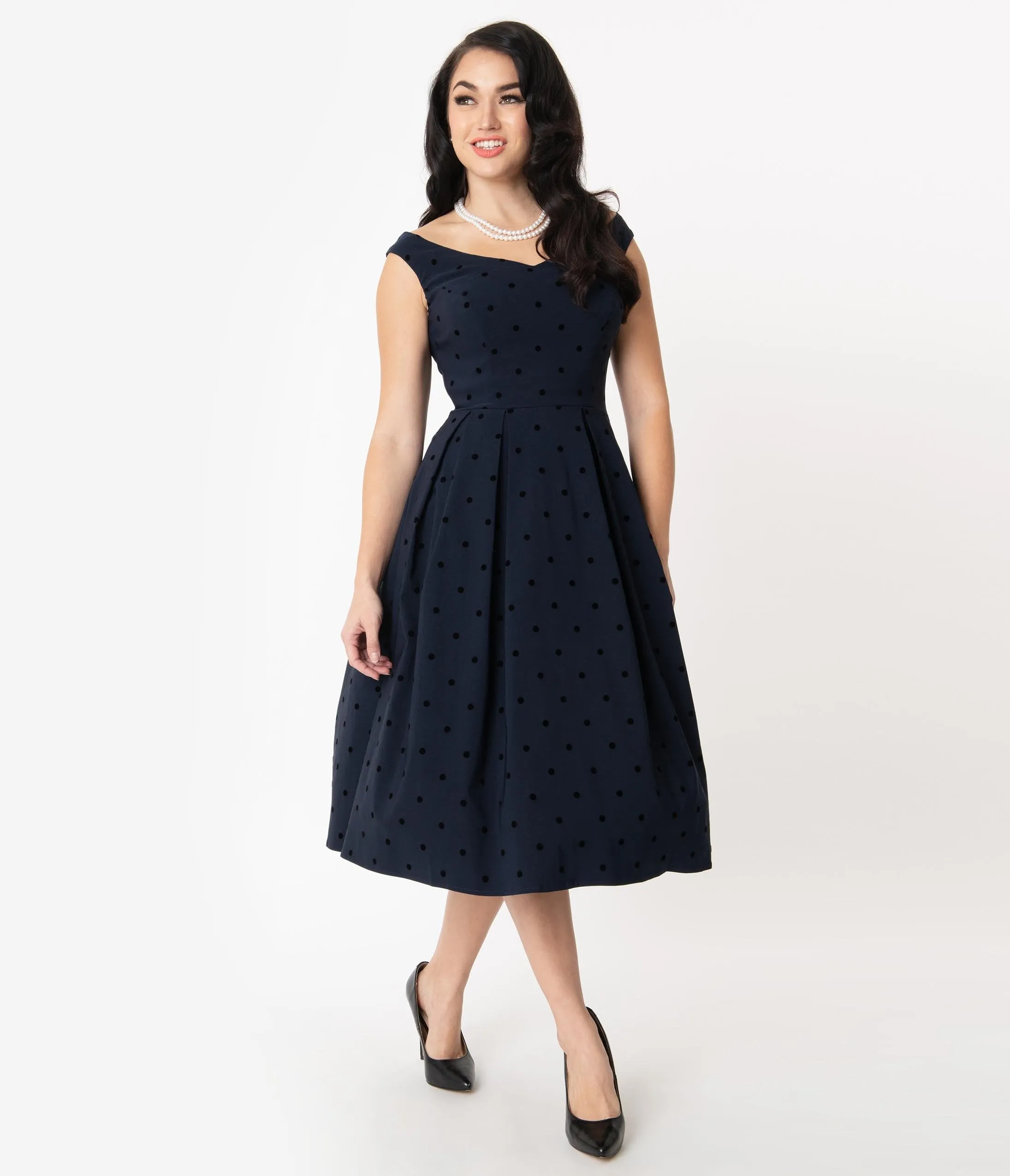 Collectif 1950s Navy Polka Dot Princess Liz Swing Dress