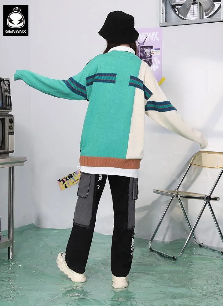 Color Block Spliced Cartoon Jacquard Sweater