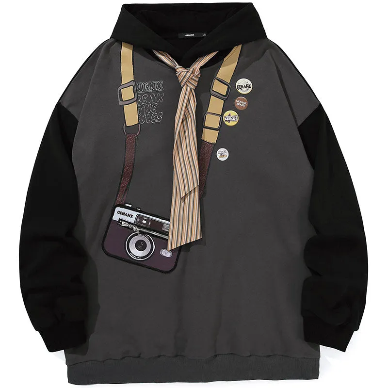 Color Block Stripe Tie Camera Print Zip Pocket Hoodie