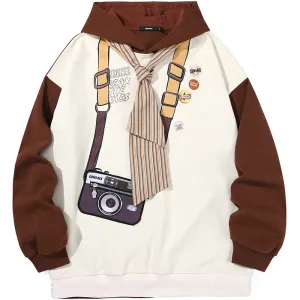 Color Block Stripe Tie Camera Print Zip Pocket Hoodie