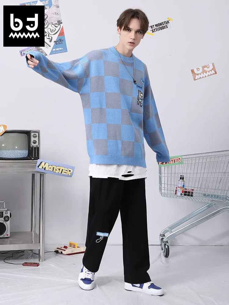 Color contrast patchwork plaid jacquard big-tooth monster graffiti embroider down shoulder sleeve sweater