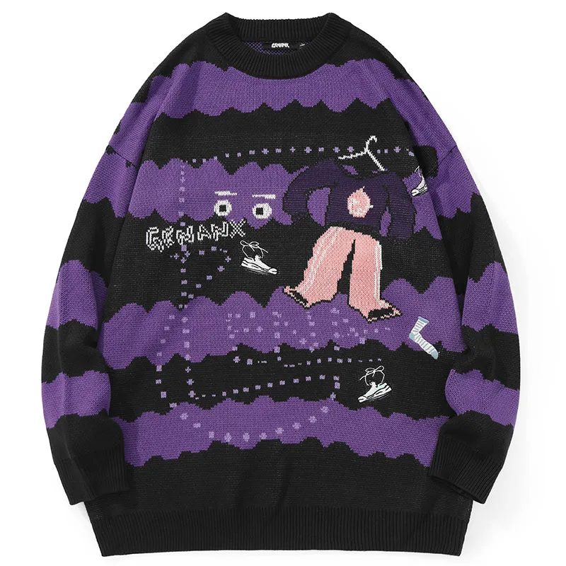 Dark Purple Stripe Jacquard Crew Neck Sweater