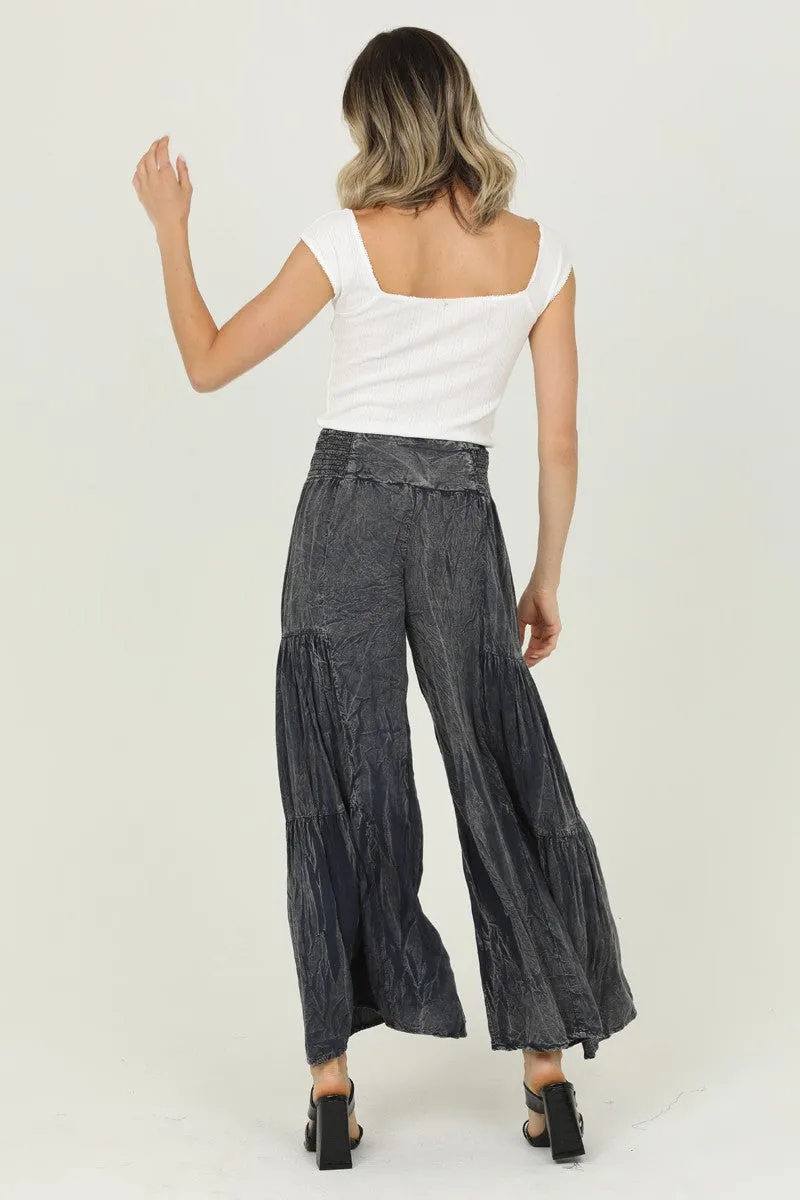 Deep Navy Smocked Waist Tiered Wide Leg Pant