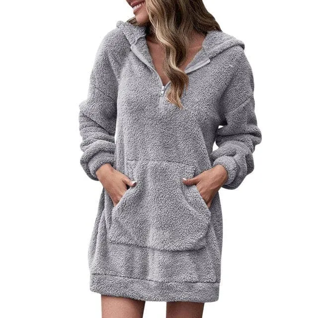 DressBetty - Long Sleeve Plush Hooded Warm Fluffy Pullover Sweatshirt Dress