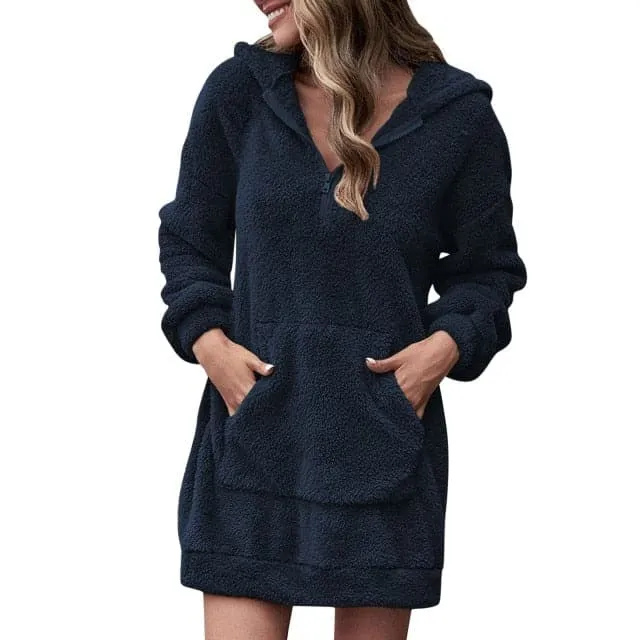 DressBetty - Long Sleeve Plush Hooded Warm Fluffy Pullover Sweatshirt Dress