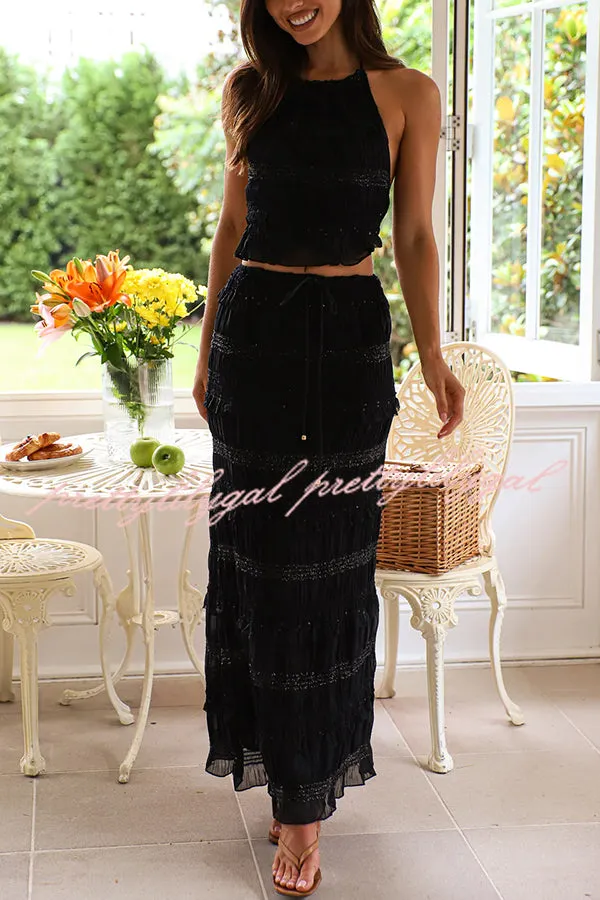 Feel Chic and Romantic Sequin Textured Material Drawstring Waist Tiered Maxi Skirt