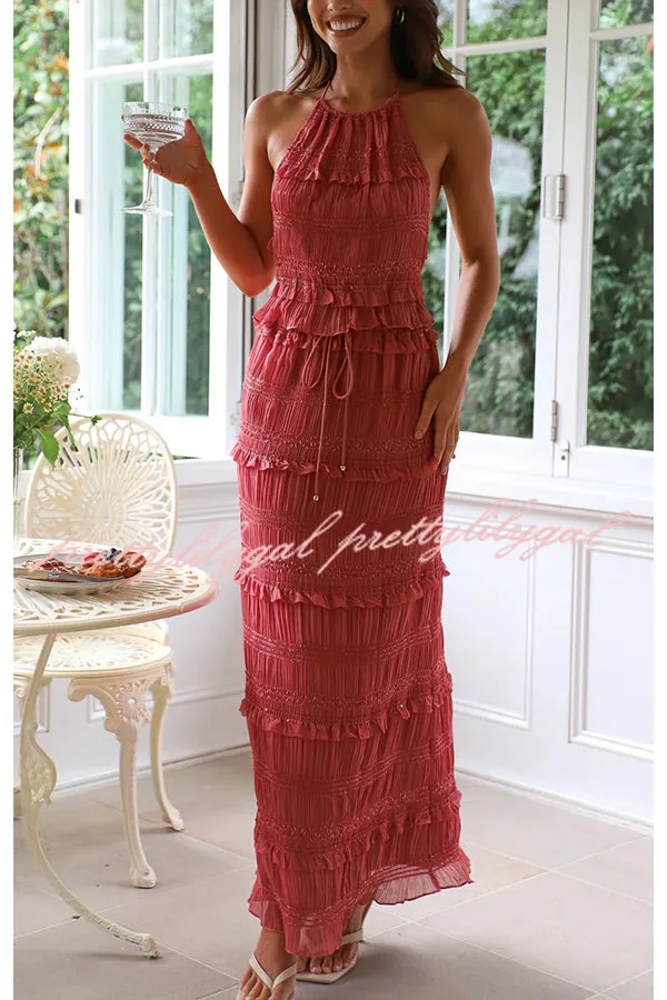 Feel Chic and Romantic Sequin Textured Material Drawstring Waist Tiered Maxi Skirt