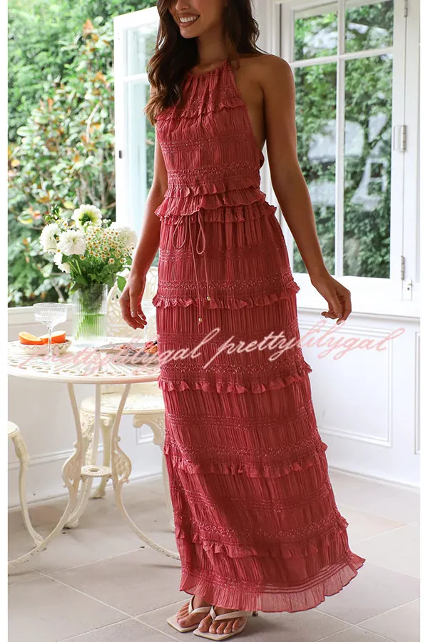 Feel Chic and Romantic Sequin Textured Material Drawstring Waist Tiered Maxi Skirt