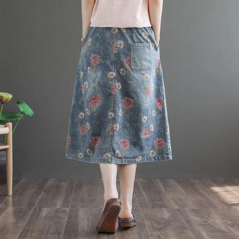 Floral Printed Denim Skirt