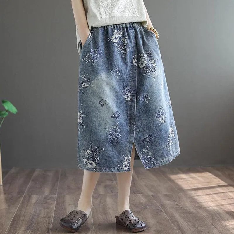 Floral Printed Denim Skirt