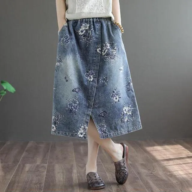 Floral Printed Denim Skirt