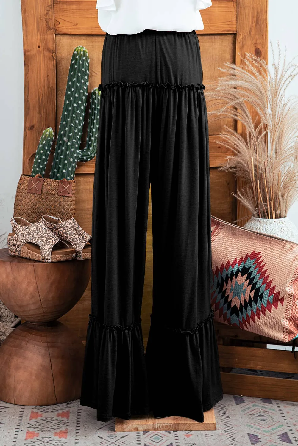 Frilled Drawstring High Waist Wide Leg Pants