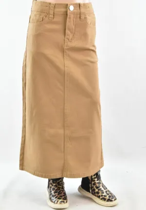 Girl's Khaki Twill Denim Modest Long Maxi Skirt