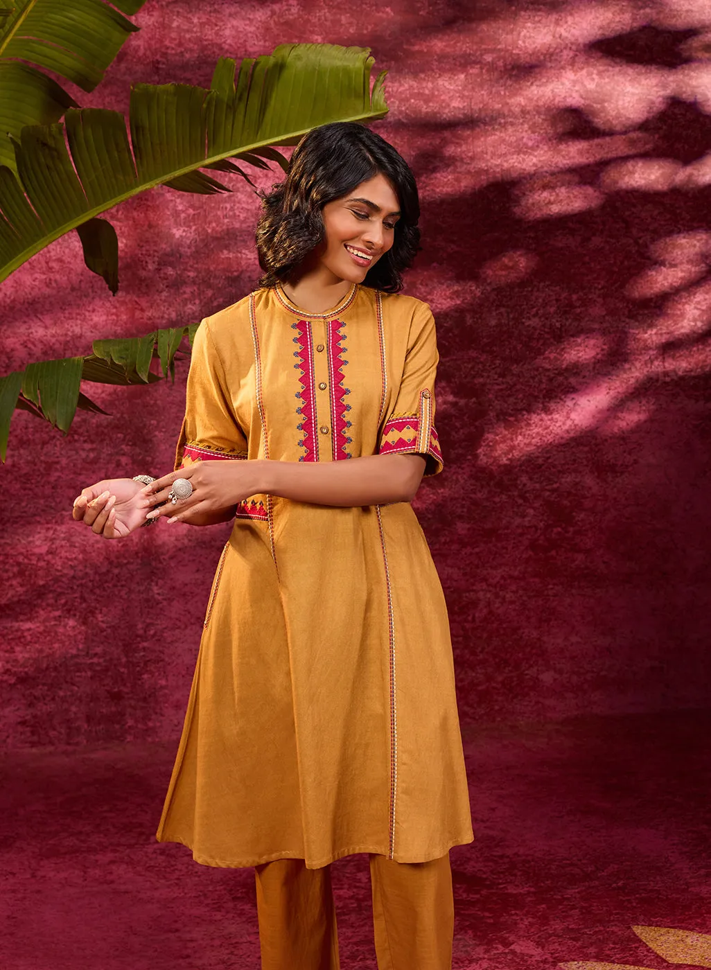 Grace Mustard Embroidered Tunic Set