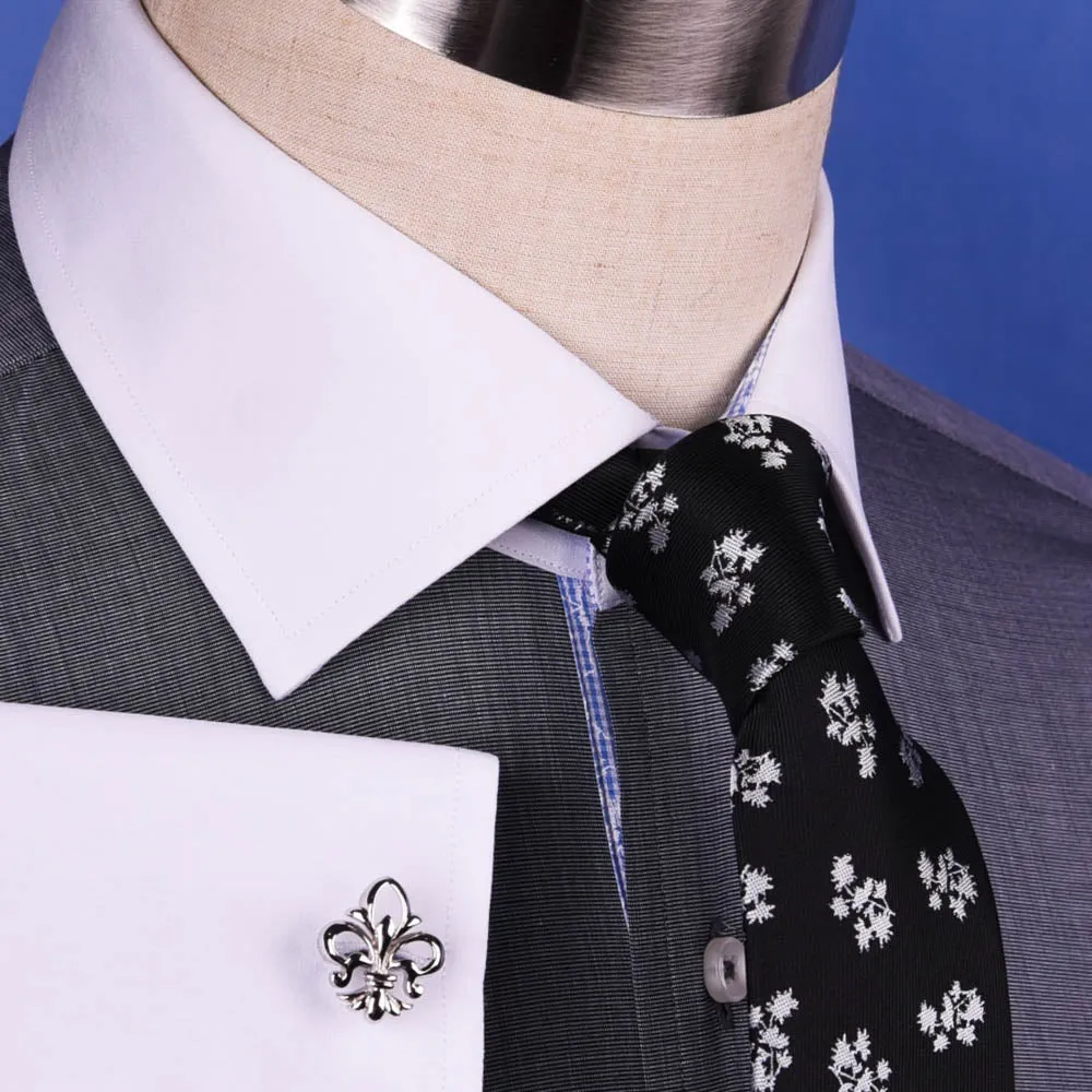 Gray Dress Shirt Men's Asphalt White Contrast French Cuff Grey Business Floral in French Cuffs