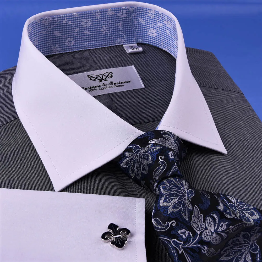 Gray Dress Shirt Men's Asphalt White Contrast French Cuff Grey Business Floral in French Cuffs