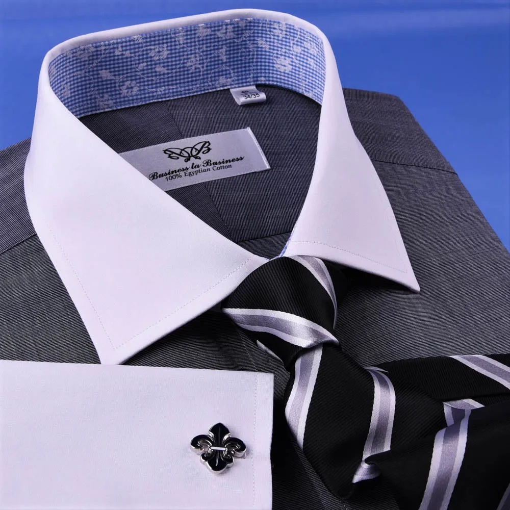 Gray Dress Shirt Men's Asphalt White Contrast French Cuff Grey Business Floral in French Cuffs