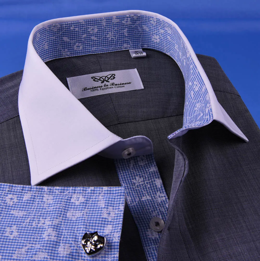 Gray Dress Shirt Men's Asphalt White Contrast French Cuff Grey Business Floral in French Cuffs