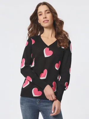 Heart Shape V-Neck Puff Sleeve Sweater