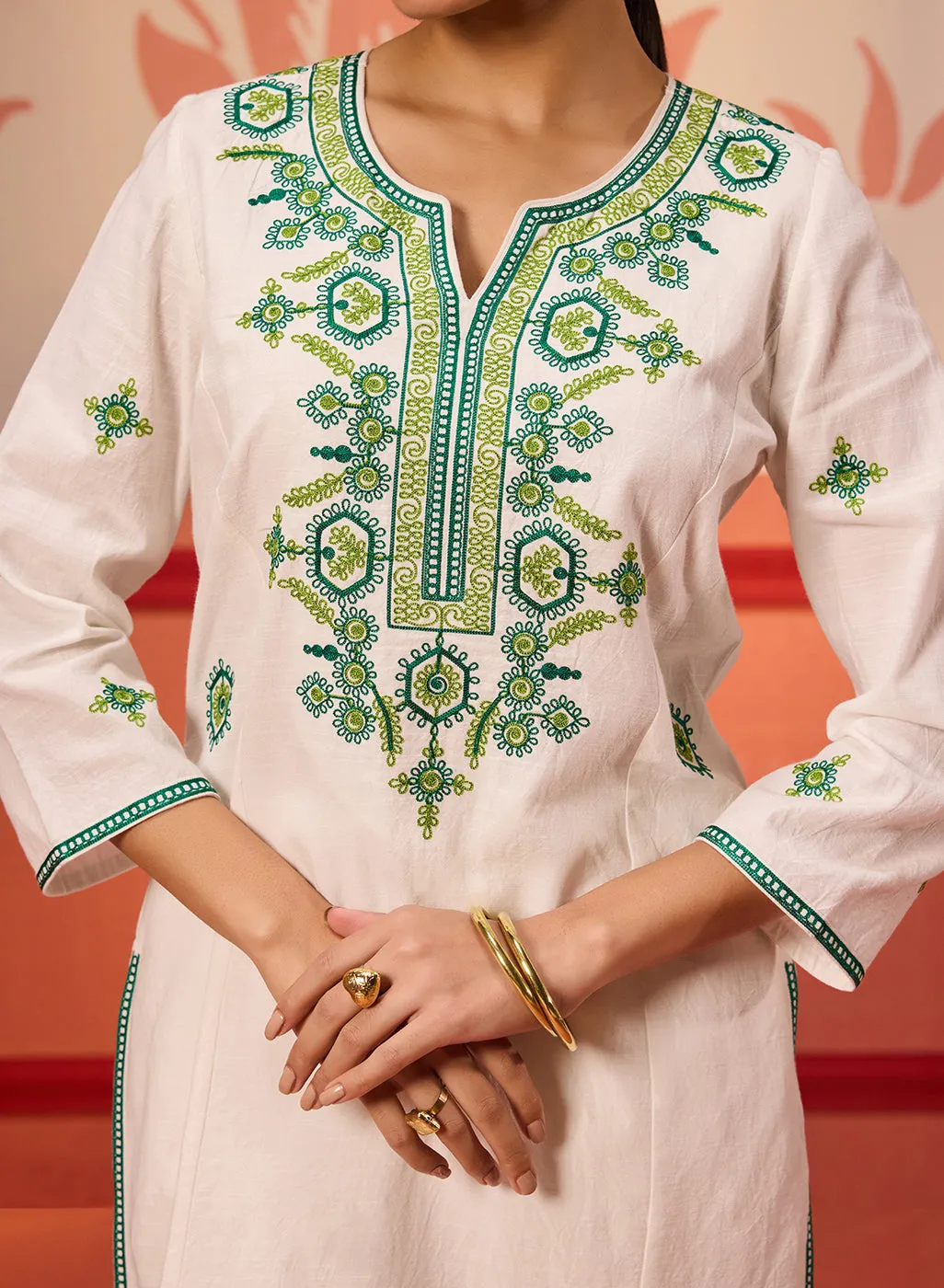 Jannat Ivory Embroidered Cotton Linen Designer Kurta Set