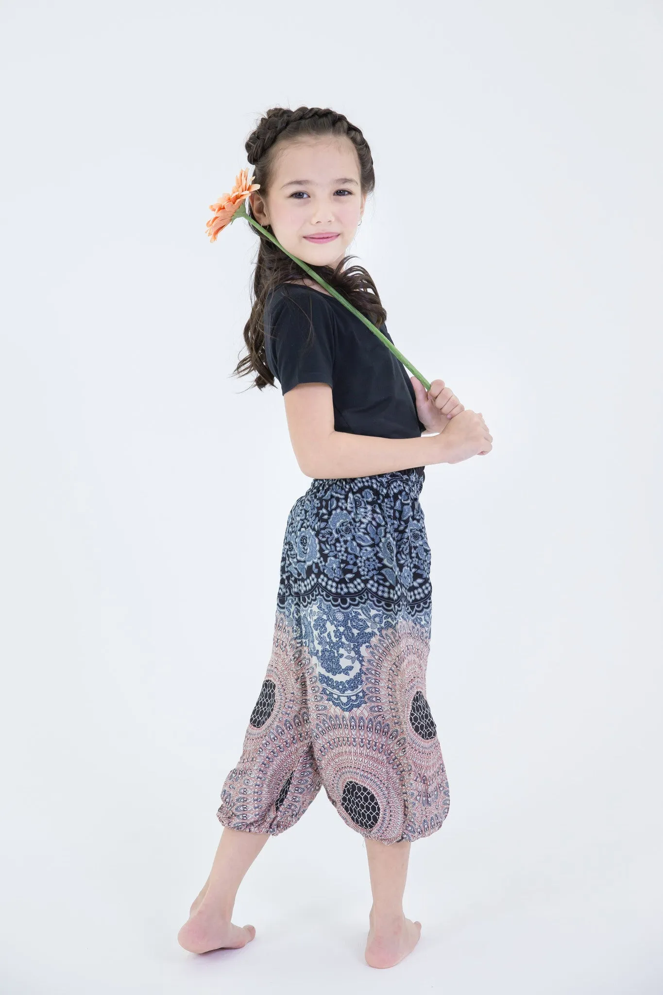 Kids Geometric Mandalas Harem Pants in Silver Gray