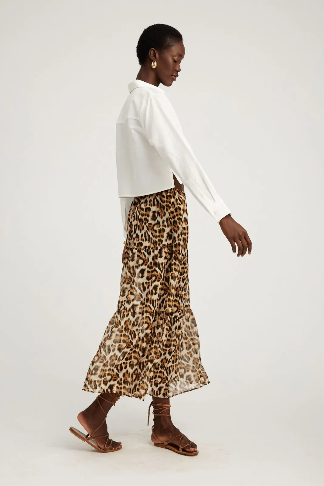 Leopard Silk Chiffon Tiered Maxi Skirt