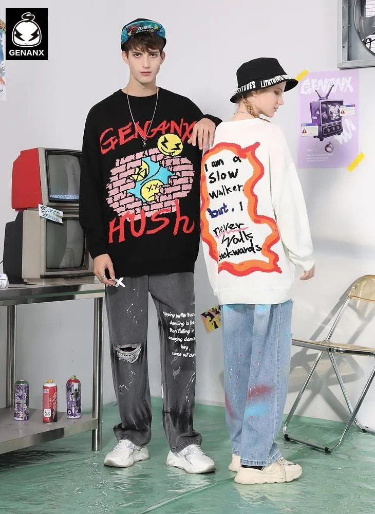 Letter Graffiti Print Pullover Couple Sweater